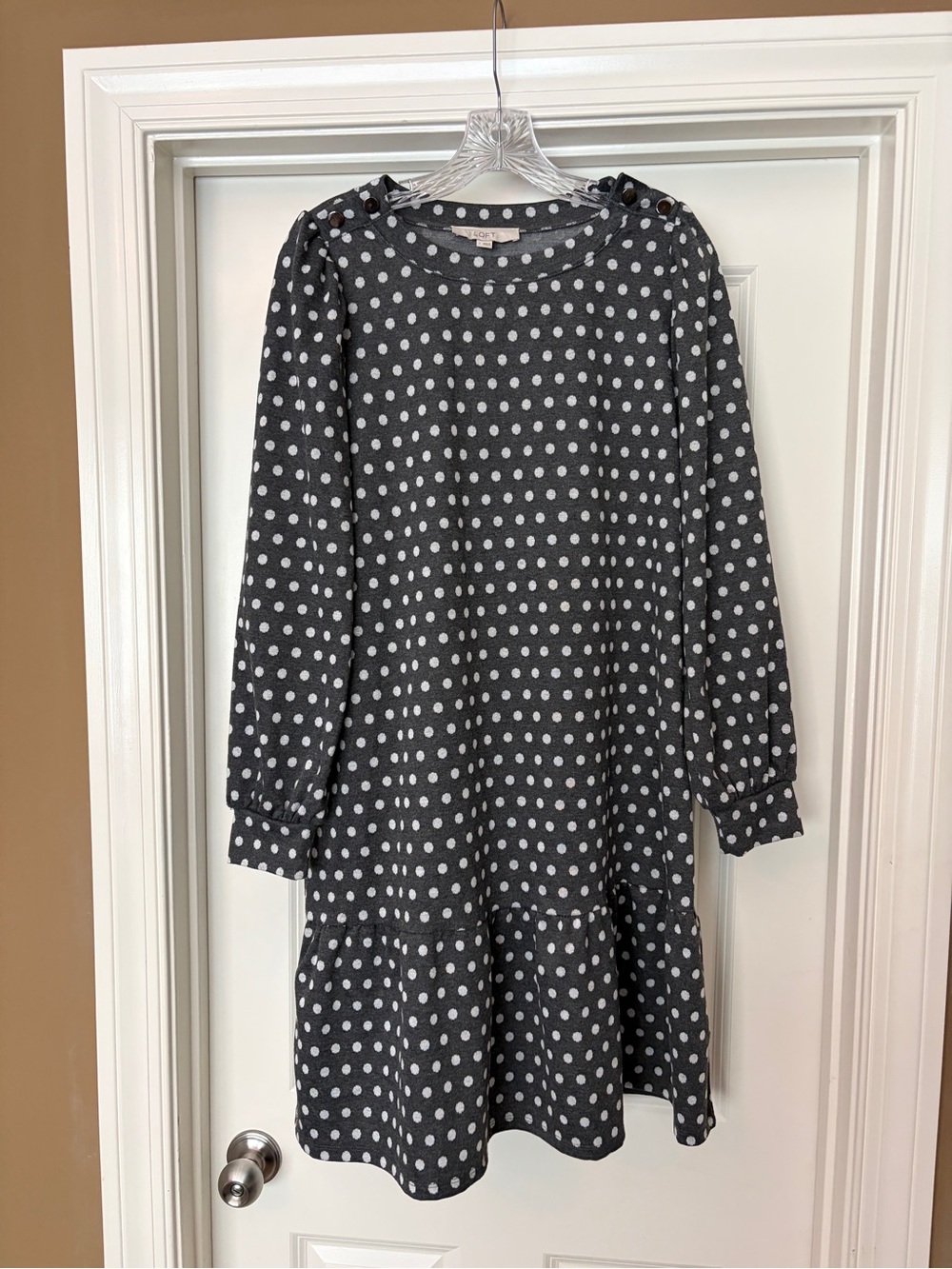 LOFT Gray Polka Dot Long-Sleeve Dress